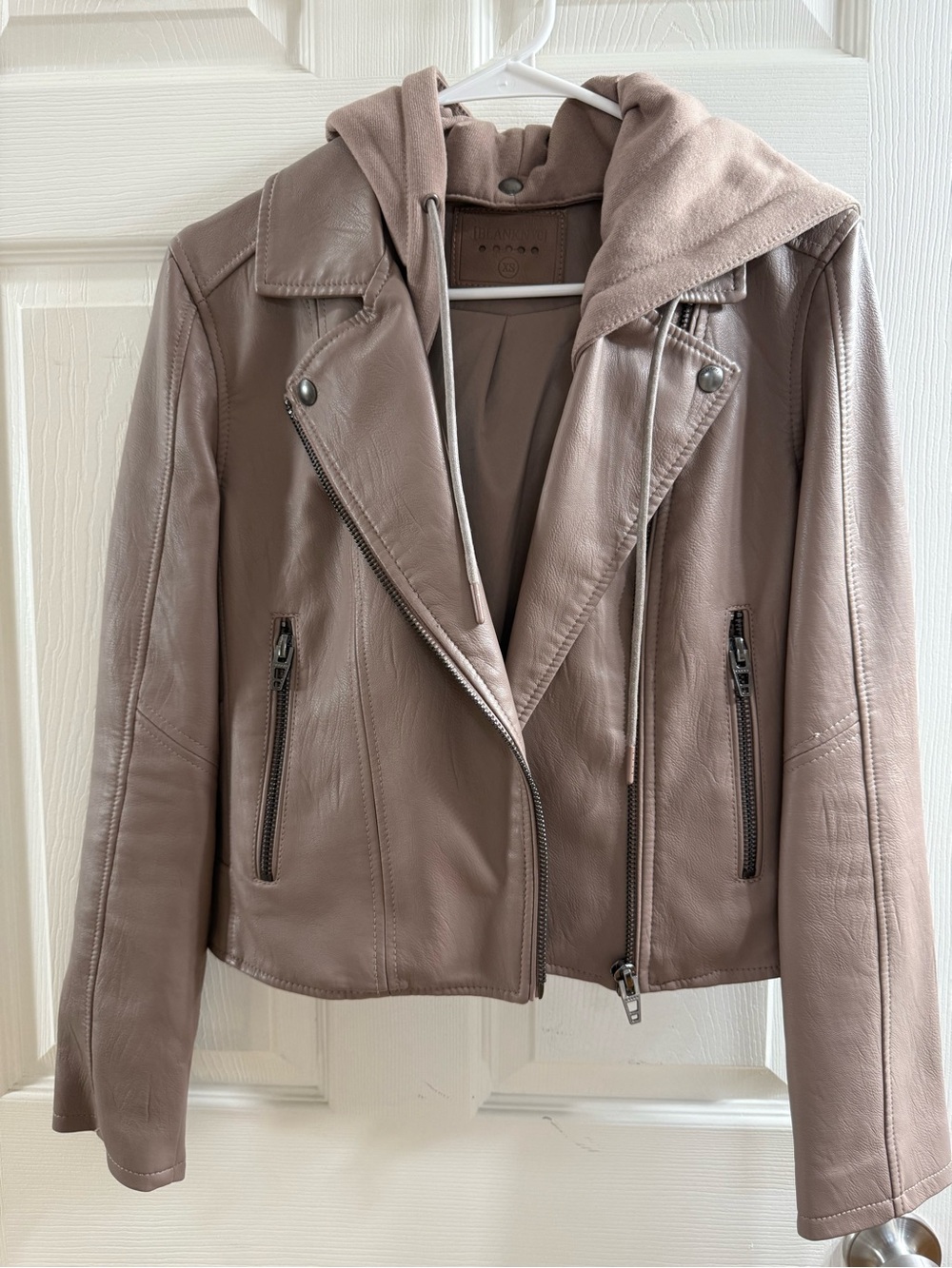 Blank NYC Womens Taupe Faux Leather Moto Jacket with Hood